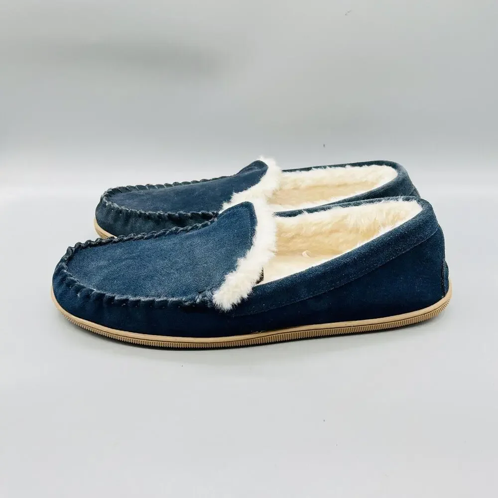 J Crew Shoes Mens 11 Blue Suede Faux Fur Lined Moccasin House Slippers Comfort